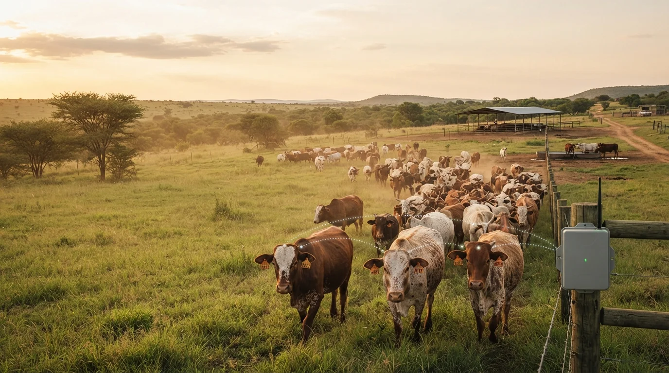 Cattle herded across a farm at dusk, past a sync device mounted on the fence
