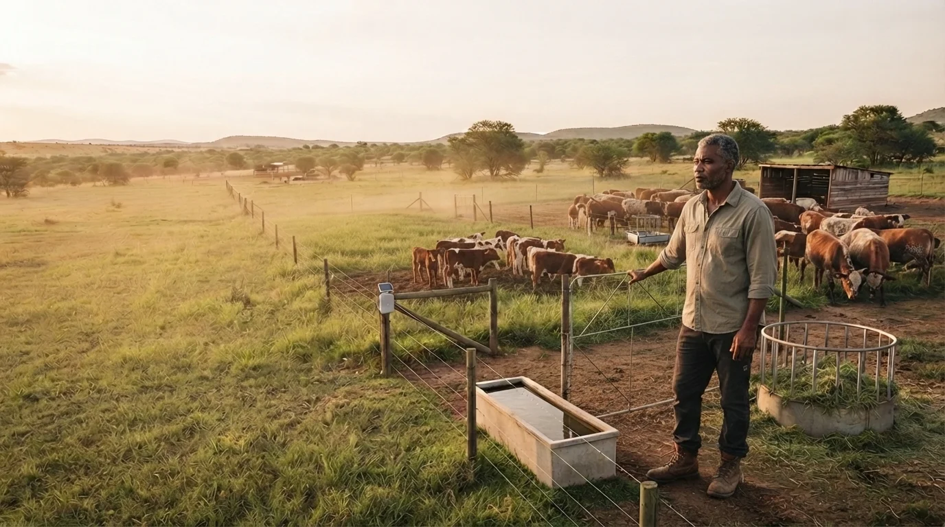A farmer at a watering trough with his cattle, tending the herd at dusk
